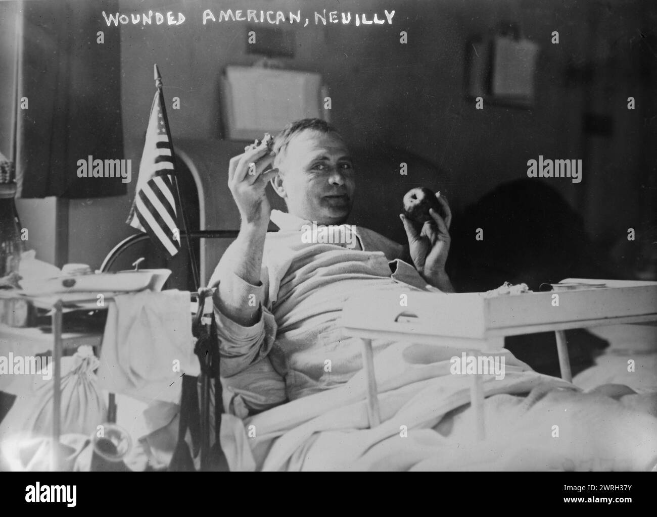 Wounded American, Neuilly, 1918 or 1919. A wounded American soldier in hospital bed, Neuilly, France, during or shortly after World War I. Stock Photo