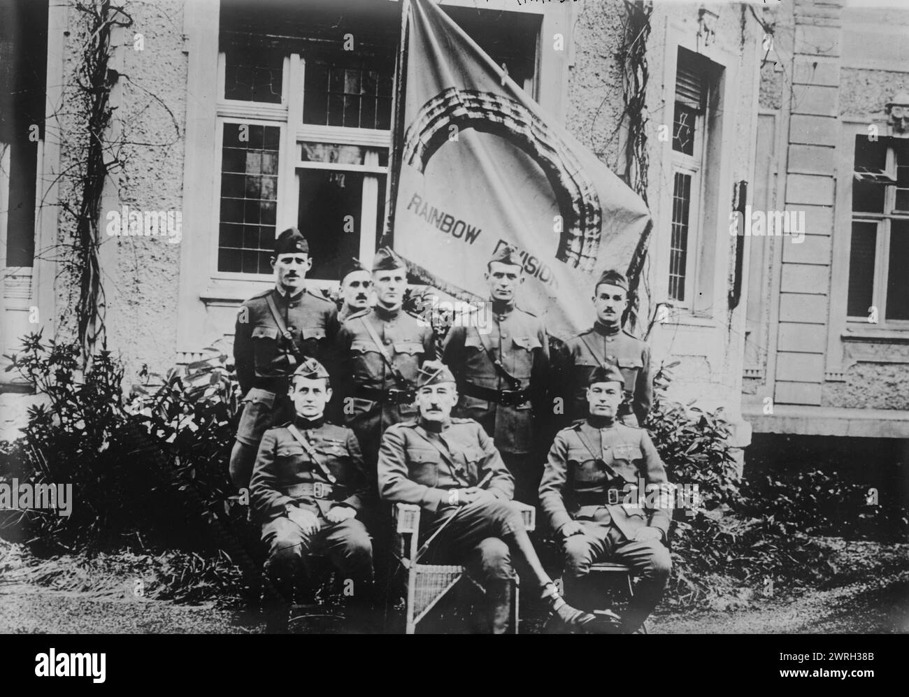 Officers of Rainbow Division, 1919. Officers of the Rainbow Division (42nd Division) at Ahrweiler, Germany, January 8, 1919. In front row, left to right: William Neill Hughes, Jr. (1878-1969) (misidentified in New-York Tribune as &quot;Rambaugh&quot;), Major General Clement Alexander Finley Flagler (1867-1922), and Lieutenant Colonel Stanley Maddox Rumbough (1886-1961) (misidentified in New-York Tribune as William Hughes). Second row, left to right: Captain James M. Boyd, unidentified man, Major Robert J. Gill, and Lieutenant H. W. Fletcher. Stock Photo