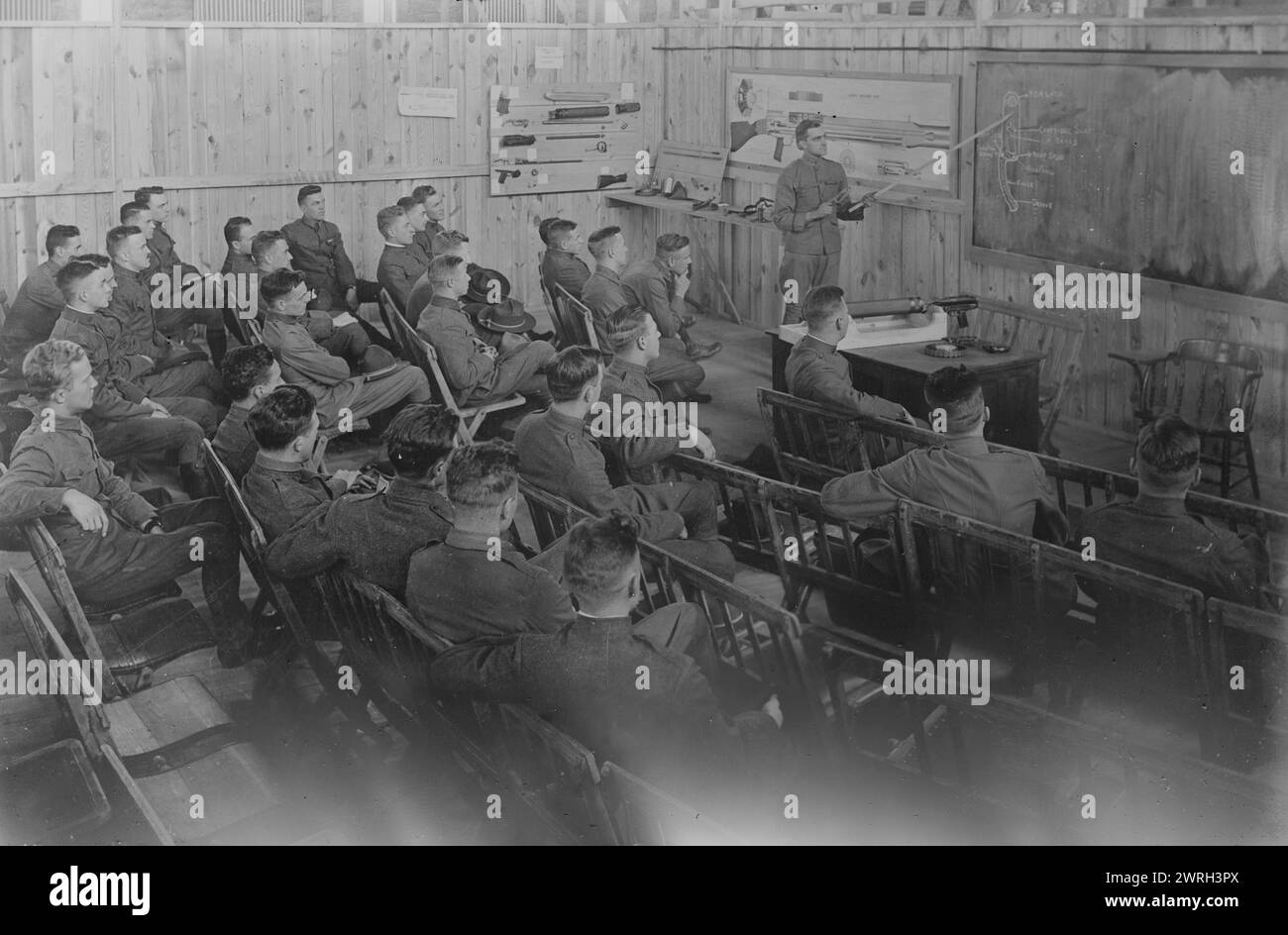 Machine gun school, 12 Dec 1917 (date created or published later). Men becoming more familiar with the delicate mechanism of the automatic rifle as part of their aviation training. Stock Photo