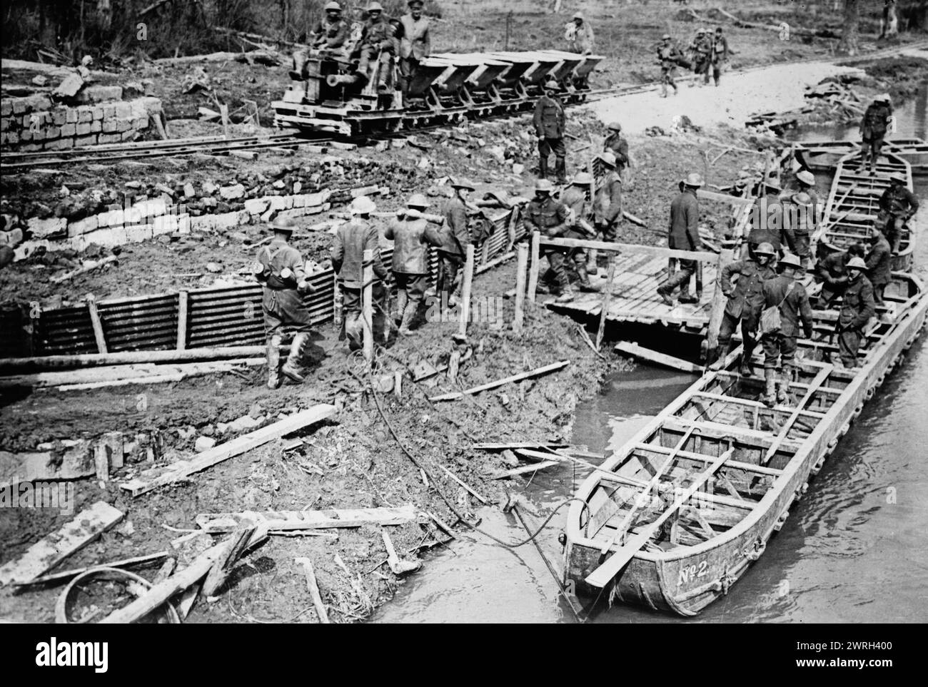 British loading pontoon boats with ammunition, 22 Apr 1917. British ...