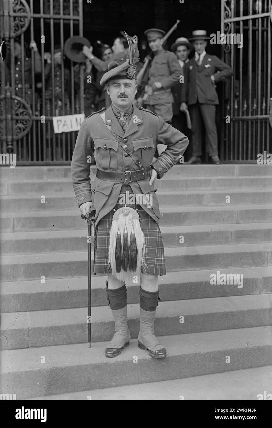 Col. Percy A. Guthrie, July 1917. Colonel Percy Albert Guthrie (1884-1948) on the steps of the 71st Regiment Armory, Park Avenue (between East 33rd and East 34th streets), New York City. Guthrie was the leader of the 236th Canadian Infantry (the Maclean Highlanders) who were in the United States in July of 1917 for &quot;British Recruiting Week&quot; which encouraged enlistment in World War I. Stock Photo