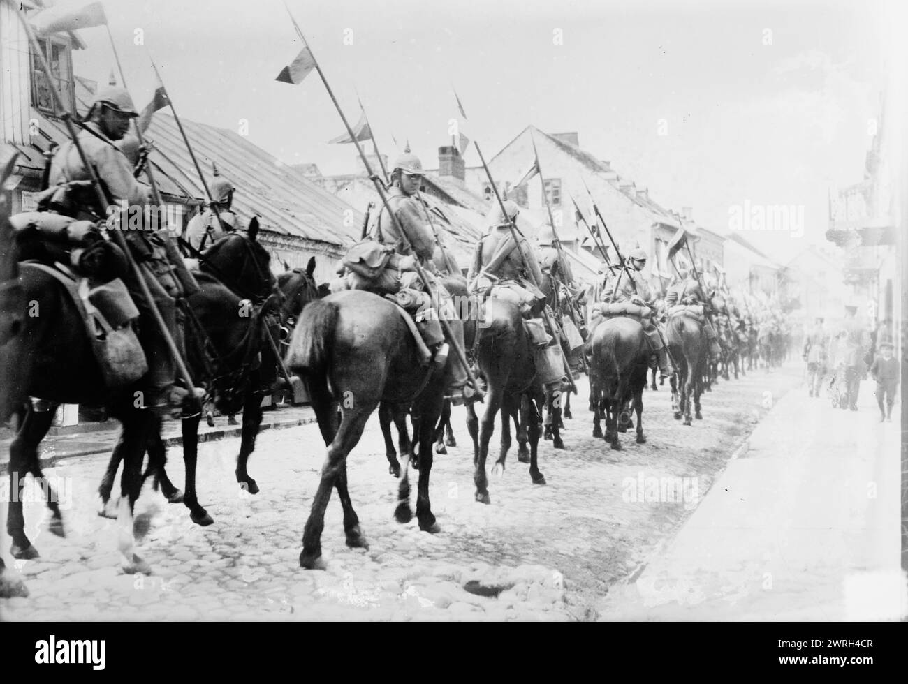 Germans in Lowicz, between 1914 and c1915. German soldiers on horseback in Lowicz, Poland during World War I. Stock Photo