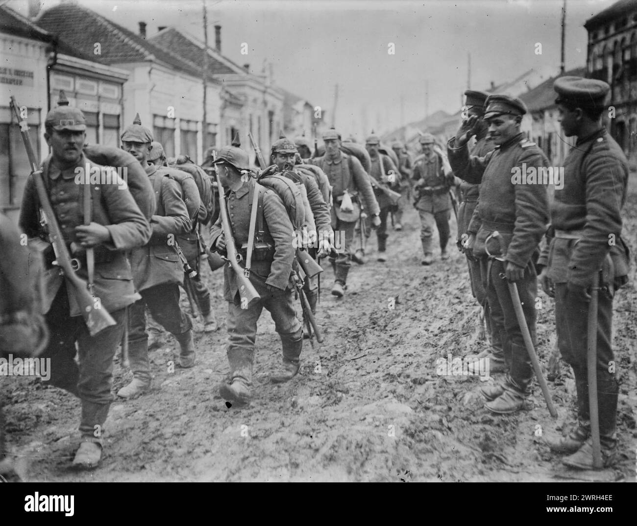 Germans passing thro' Paracin, on Belgrad - Nisch Line, between c1910 and c1920. German soldiers marching through the Serbian town of Paracin during World War I. Stock Photo