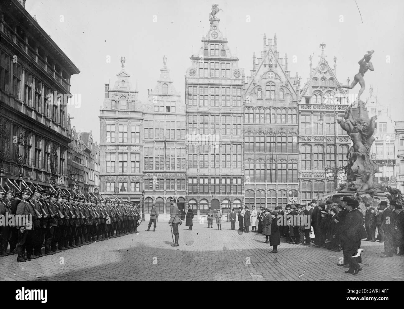 German Landsturm troops, Antwerp, between c1914 and c1915. German troops in Grote Markt plaza, Antwerp, Belgium during World War I. Stock Photo