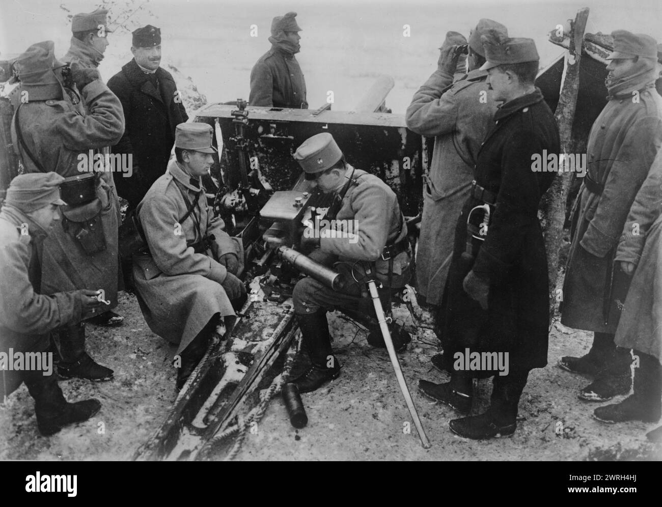 Austrian artillery in the Bukowina, between c1914 and c1915. Austrian artillery soldiers in Bukowina (Bukovina) during World War I. At the time Bukovina was part of the Austrian Empire and now is located in Romania and Ukraine. Stock Photo