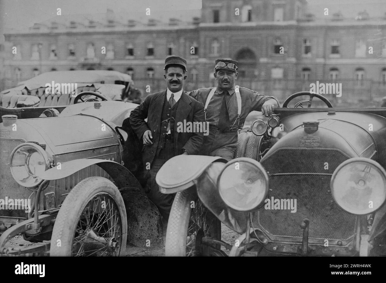 Boillot &amp; Rigal, 7 Oct 1914 (date created or published later). Race car drivers Georges Louis Frederic Boillot (1884-1916) and Victor Rigal with a Peugot automobile during their service in the French Army during World War I. Stock Photo