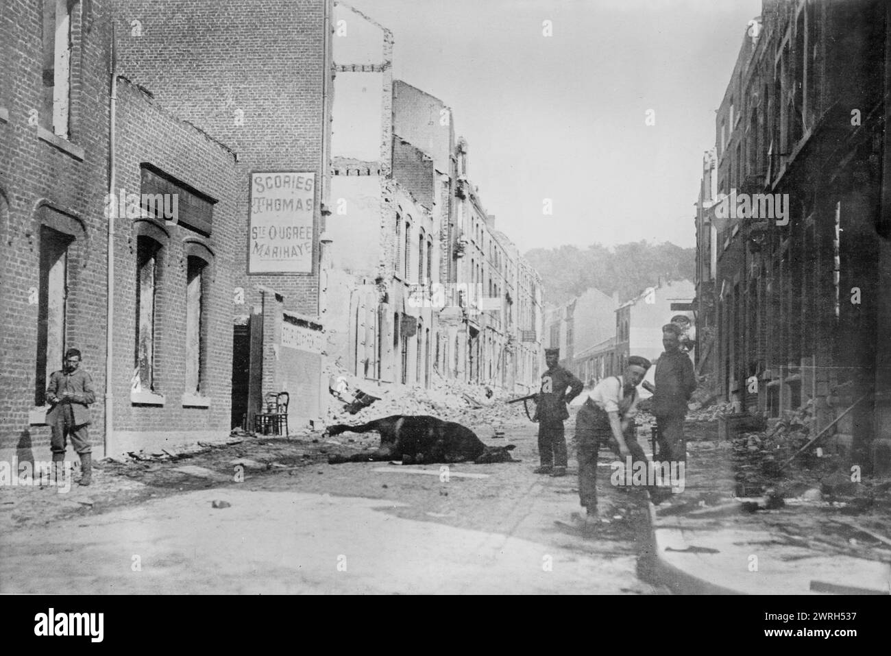 Burning of Vise, Aug 1914. Ruins in Vise&#xb4;, Belgium, after destruction of town by German forces during World War I. Stock Photo