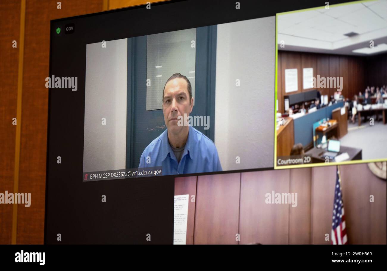 Redwood City, California, USA. 12th Mar, 2024. SCOTT PETERSON appears via video call for a status hearing at San Mateo County Superior Court. Peterson is beginning the process of seeking a new trial. He was convicted in 2004 of murdering his wife Laci and their unborn son Conner in 2002. (Credit Image: © Andy Alfaro/Pool/The Modesto Bee/ZUMA Press Wire) EDITORIAL USAGE ONLY! Not for Commercial USAGE! Stock Photo
