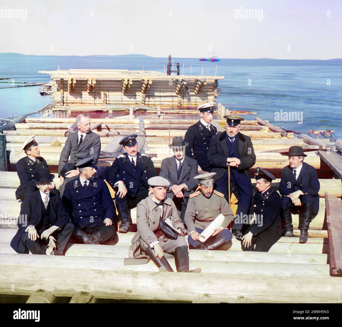 Group of railroad construction participants on the pier in Kem-Pristan, 1915. Stock Photo