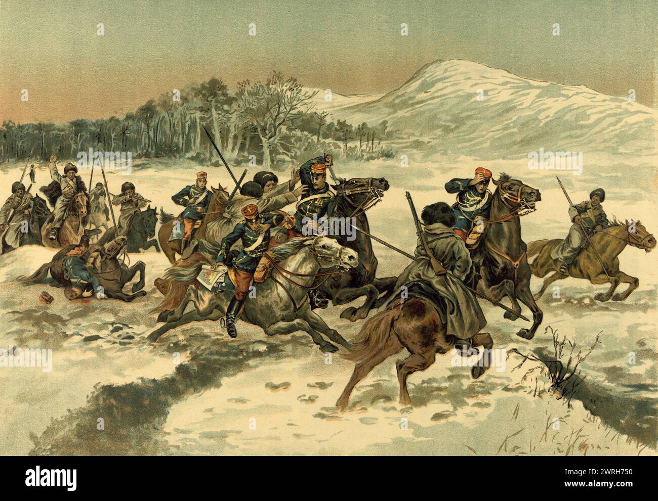 1st Cossack Skirmish with the Japanese in Korea, 1904. This collection includes tsarist-era advertisements and a set of posters from the era of the Russo-Japanese War (1904-5) that contains images reflecting a Russian perspective of that war. National Library of Russia Stock Photo