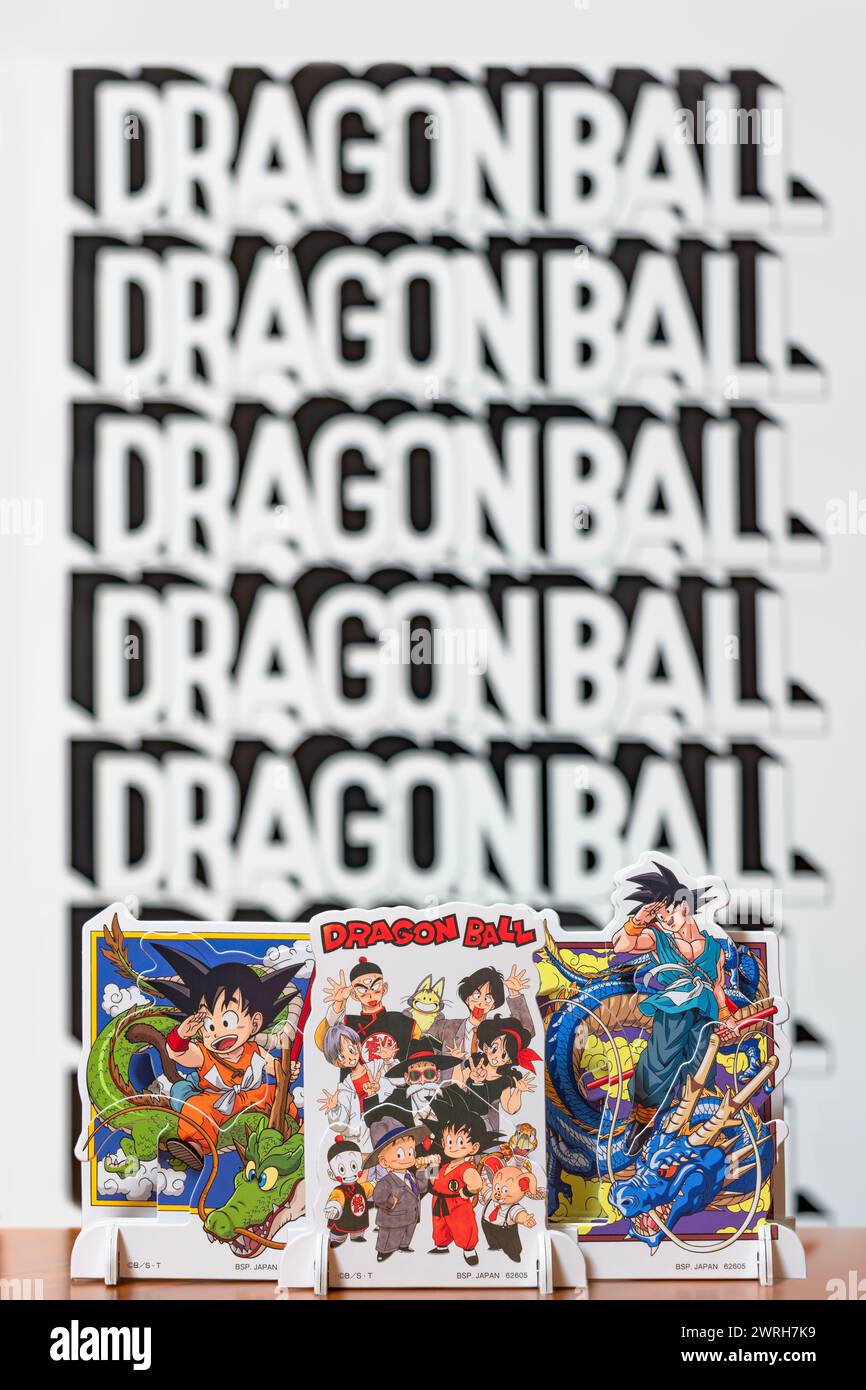 japan, tokyo - mar 8 2024: Characters from the Dragon Ball manga and anime series bid farewell to the revered master, Akira Toriyama, by waving their Stock Photo
