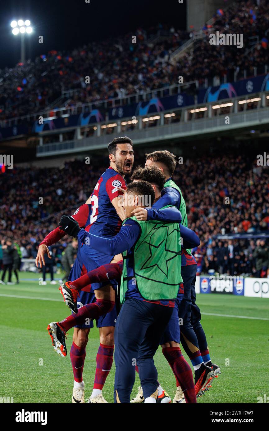 Barcelona, Spain. 12th Mar, 2024. Barcelona players celebrate a goal during the Uefa Champions League match between FC Barcelona and SSC Napoli at the Estadi Olimpic Lluis Companys in Barcelona, Spain. Credit: Christian Bertrand/Alamy Live News Stock Photo