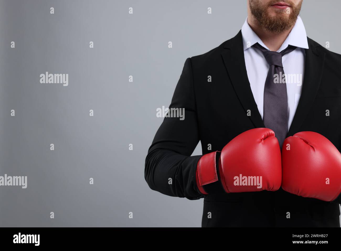 Businessman in suit wearing boxing gloves on grey background, closeup. Space for text Stock Photo