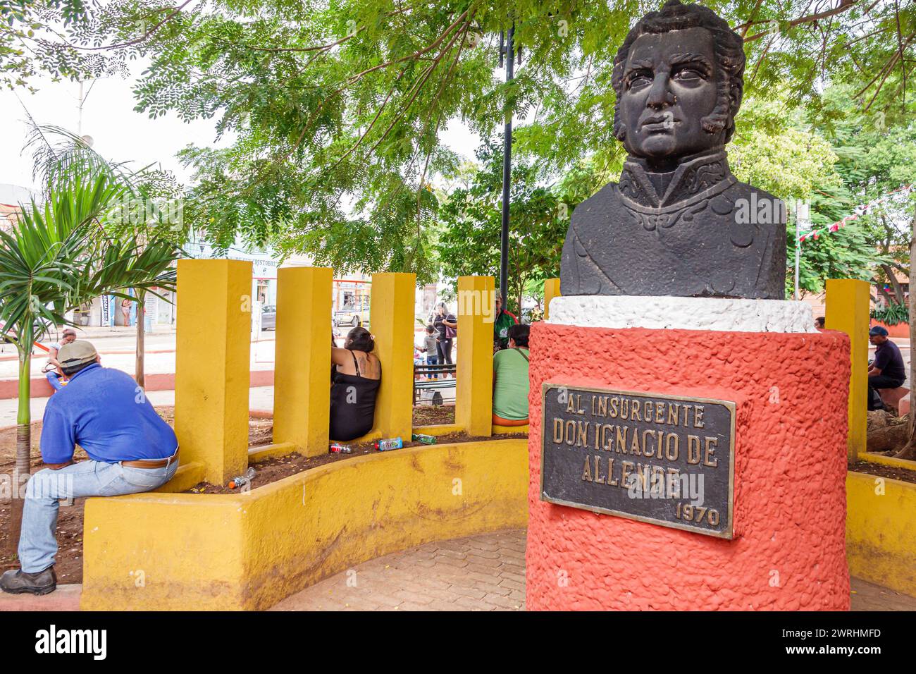 Merida Mexico,Centro Calle 50,Parque plaza de San Cristobal park,Don Ignacio de Allende,insurgent revolutionary,military captain,monument bust memoria Stock Photo