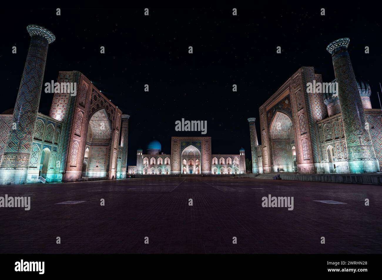 Registan Square at Night with Stars, an old public square with starry ...