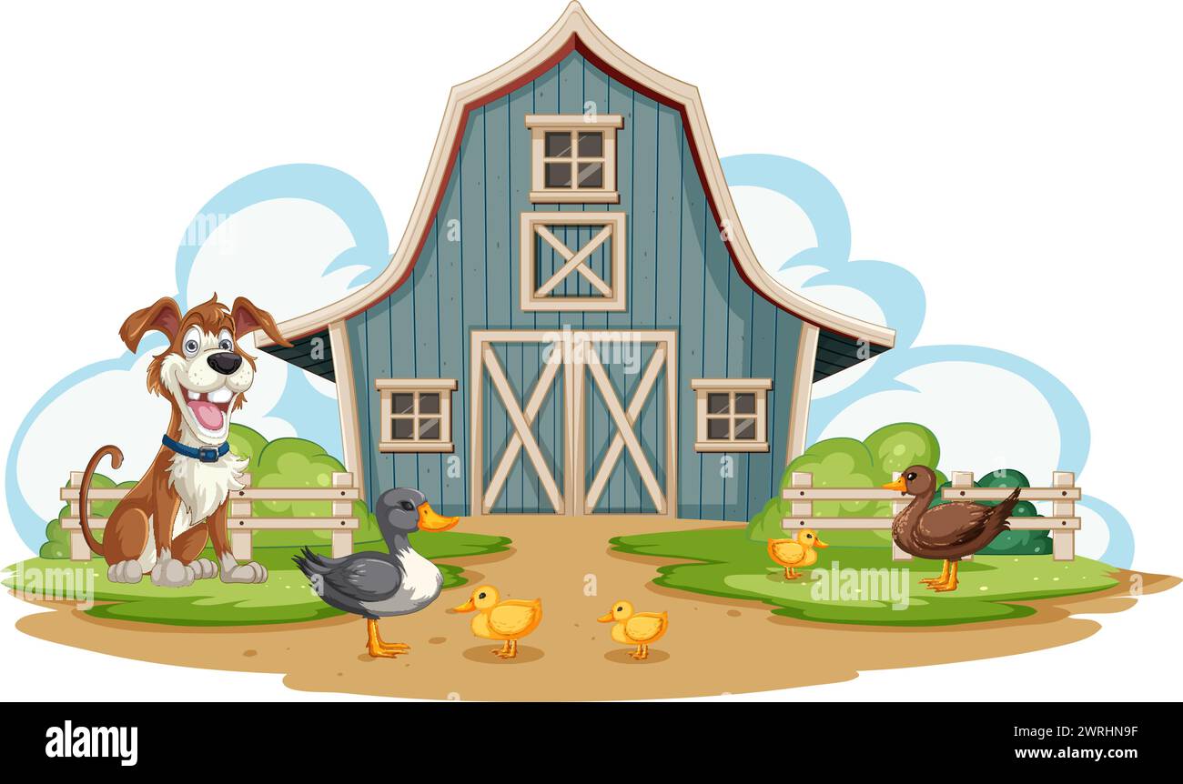 Dog, ducks, and chicks outside a barn Stock Vector