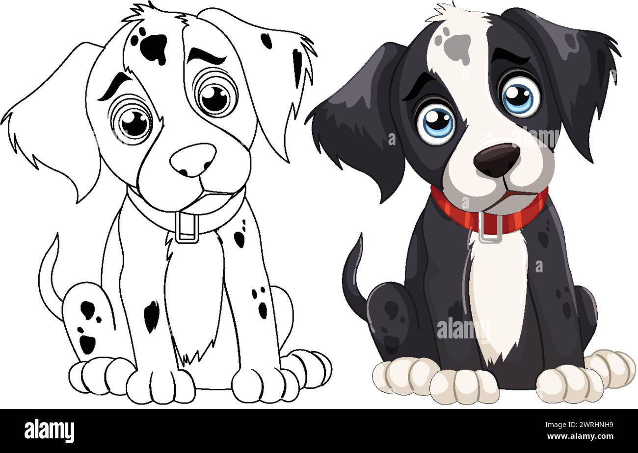 Two cute cartoon Dalmatian puppies with expressive eyes Stock Vector