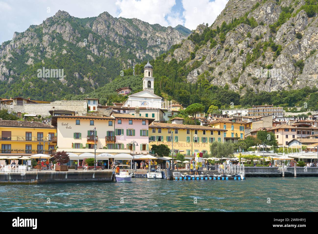 View of the popular tourist town of Limone Sul Garda on the shores of ...