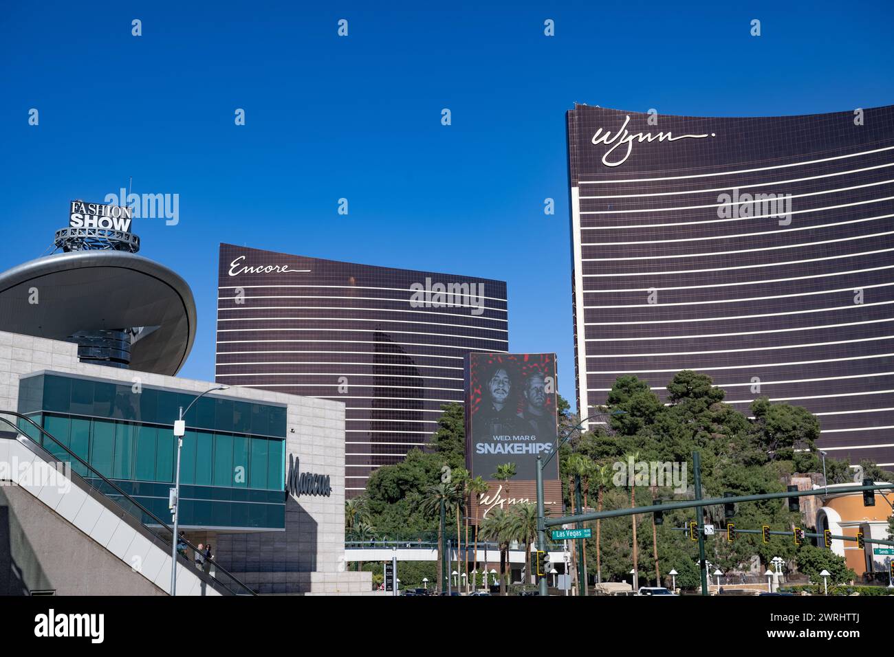 Wynn Las Vegas Casino day deep blue skies - sunny daylight exterior - close up of logo - gambling United States USA Stock Photo