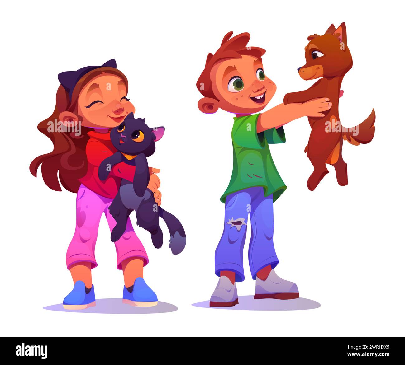 Kids care pets - boy hold dog in hands and girl hug cat. Cartoon vector illustration set of happy little children play with domestic animals. Friendship and love between toddler and pet companion. Stock Vector