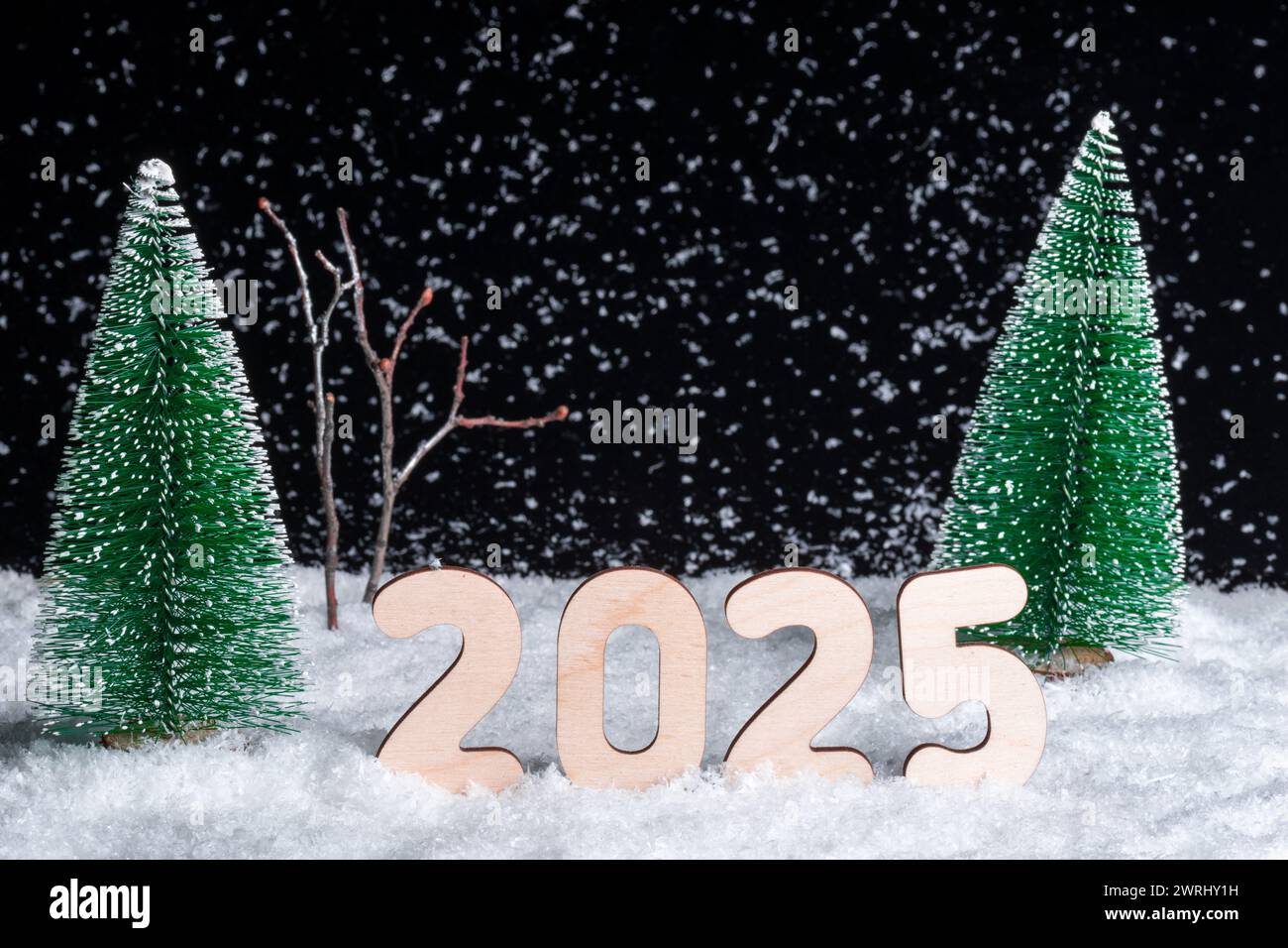 Creative 2025 New Year's card. A composition of wooden figures of the year 2025 in a snowy forest during a snowfall Stock Photo