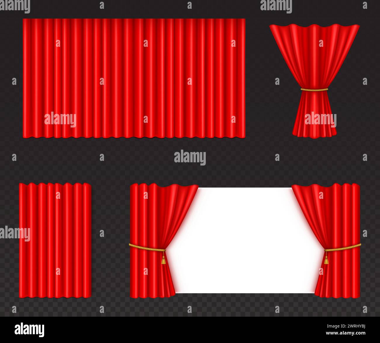 Theatre or cinema stage red curtain with folds. Realistic vector illustration set of close and open opera stage cloth drape for presentation and show concept. Theatrical fabric drapery with creases. Stock Vector