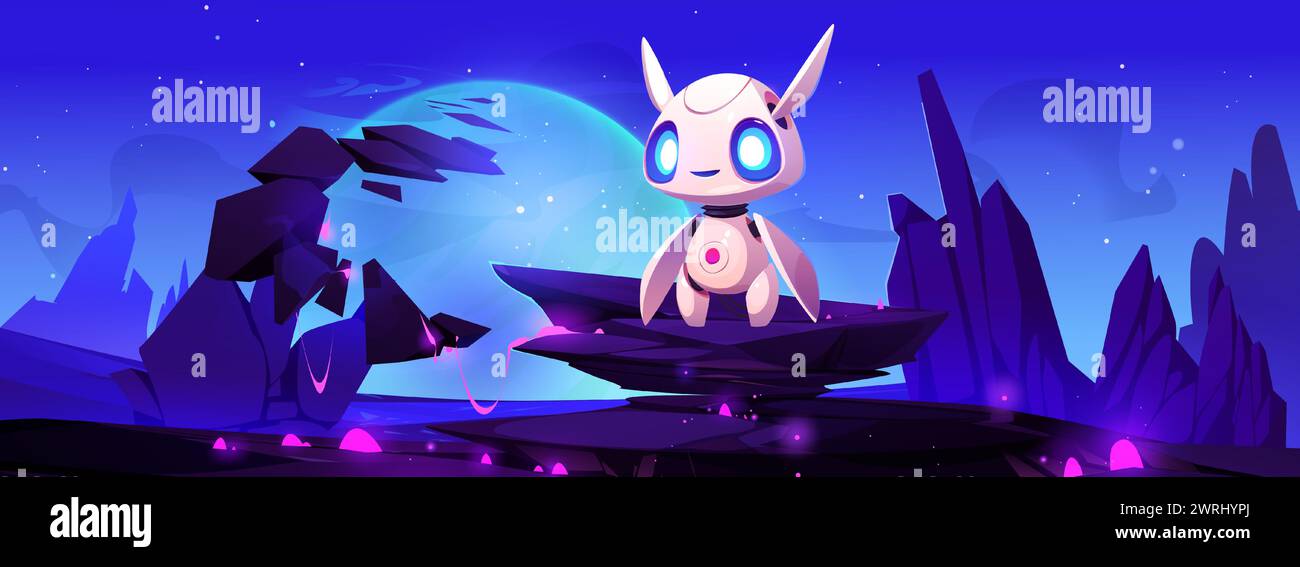 Alien planet landscape with cute robot astronaut. Cartoon vector outer ...