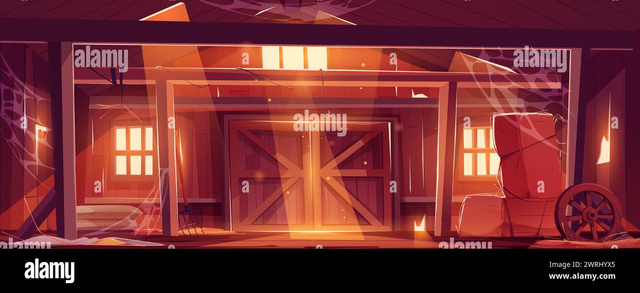 Old abandoned farm barn inside with broken wooden walls and gate, hay stacks and empty sacks on floor, cobweb and mess. Cartoon vector damaged ranch shed interior. Destroyed rural storehouse. Stock Vector