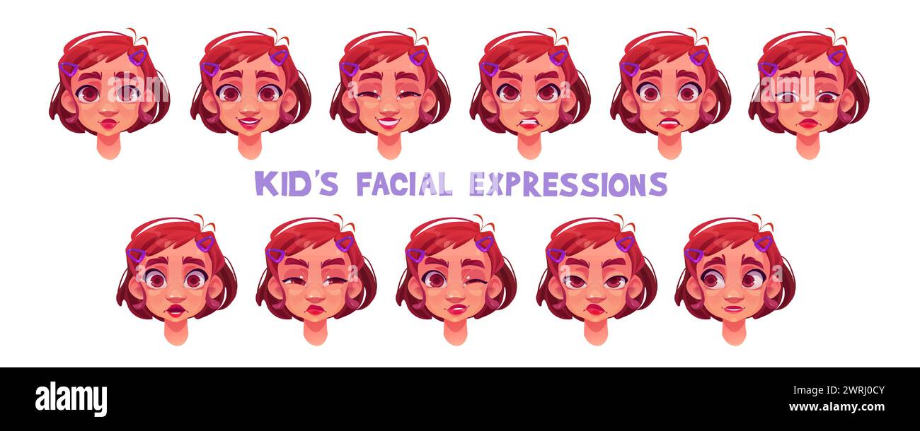 Girl kid facial emotion expression set. Happy and angry child character head animation clipart. Female red hairstyle school avatar is unhappy, confused, mad and smile. Teen student asset series Stock Vector