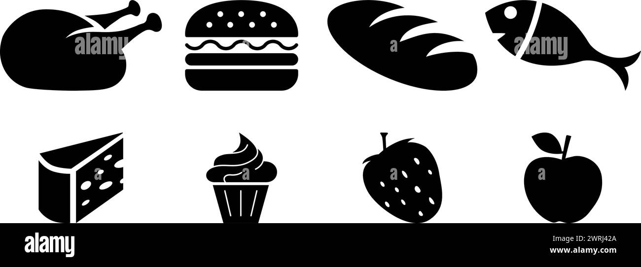 Set of flat icons of a cheese, cupcake, apple, strawberry, chicken, hamburger, bread and fish Stock Vector