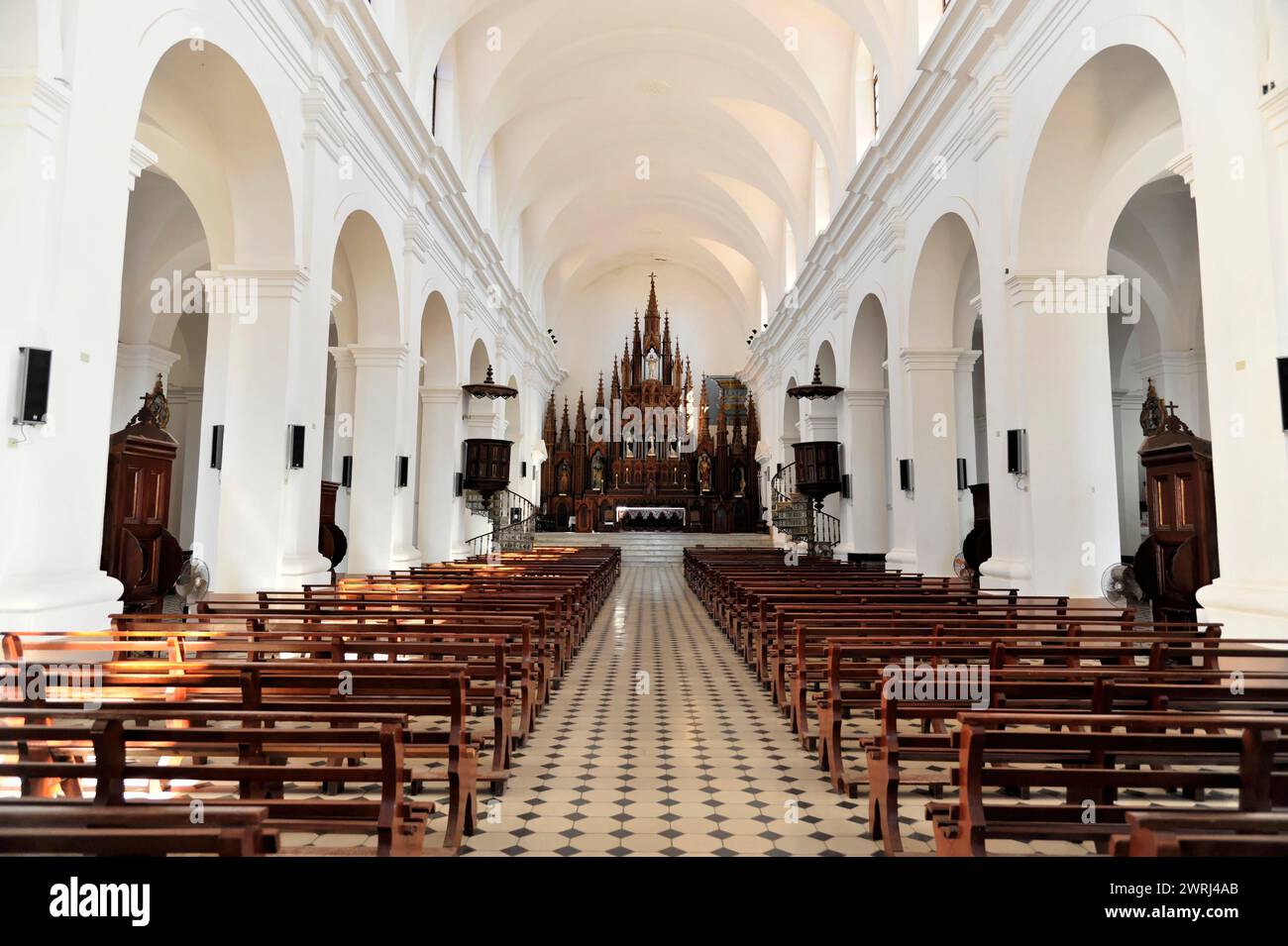 Spacious interior of a Catholic church with Gothic design elements, Trinidad, Cuba, Central America Stock Photo