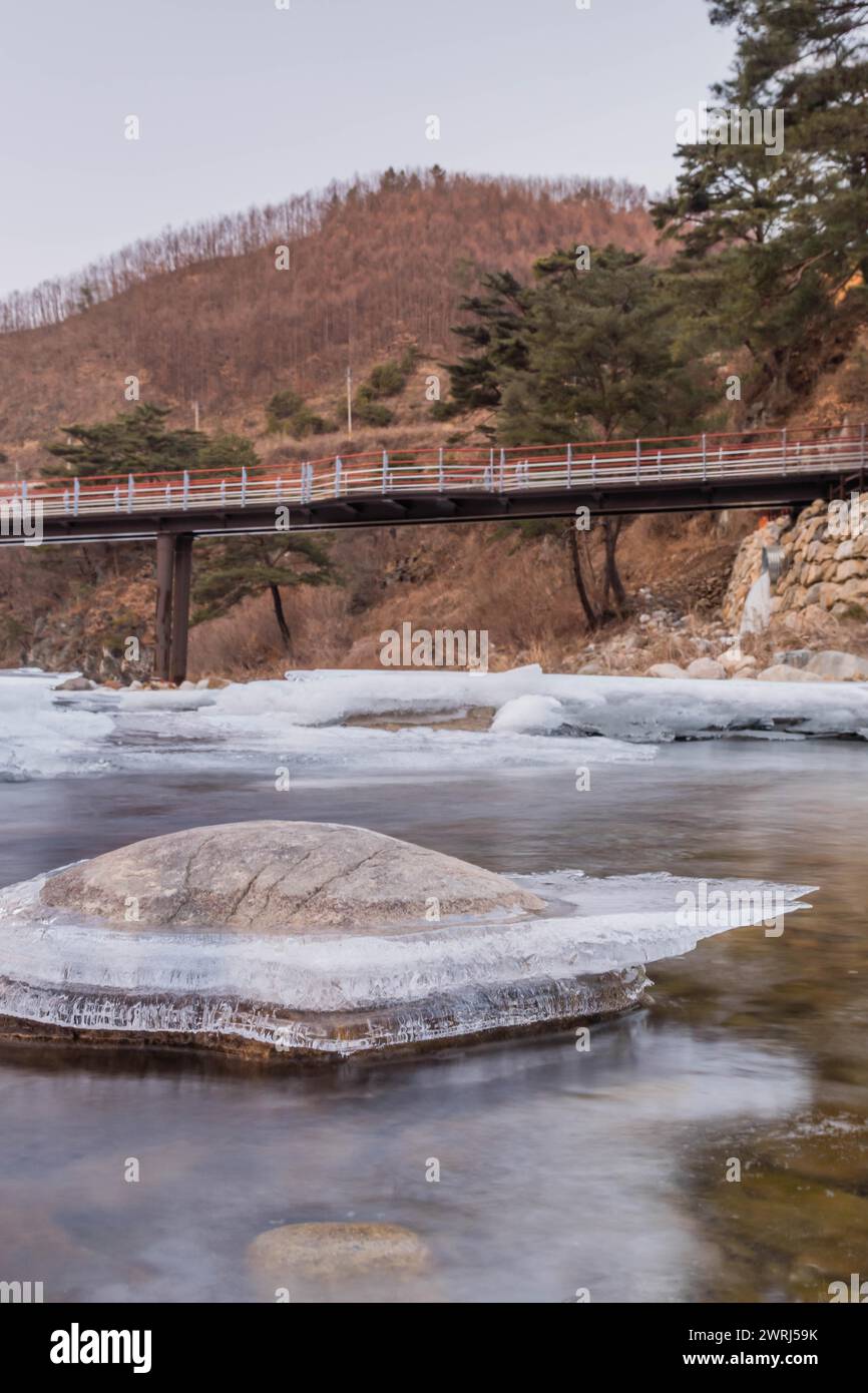 Winter landscape of frozen river with water frozen into unique pattern on rock in foreground and bridge over river in background in Taebaek, South Stock Photo