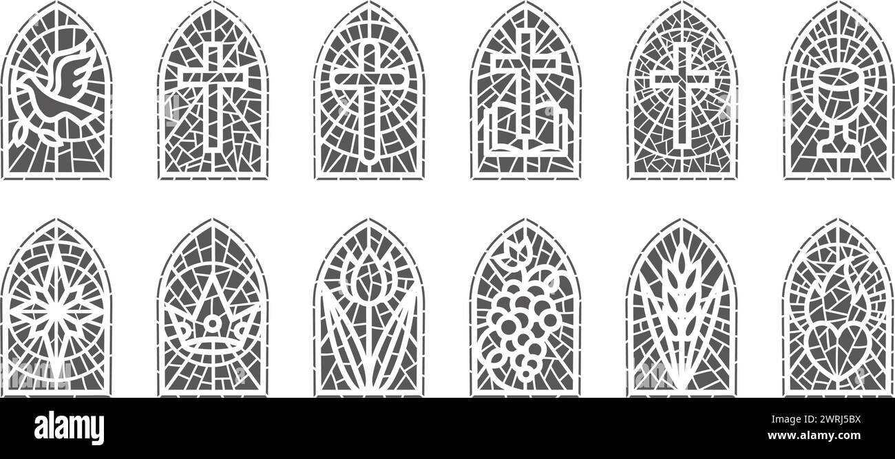 Church glass windows. Stained mosaic catholic and christian frames with ...