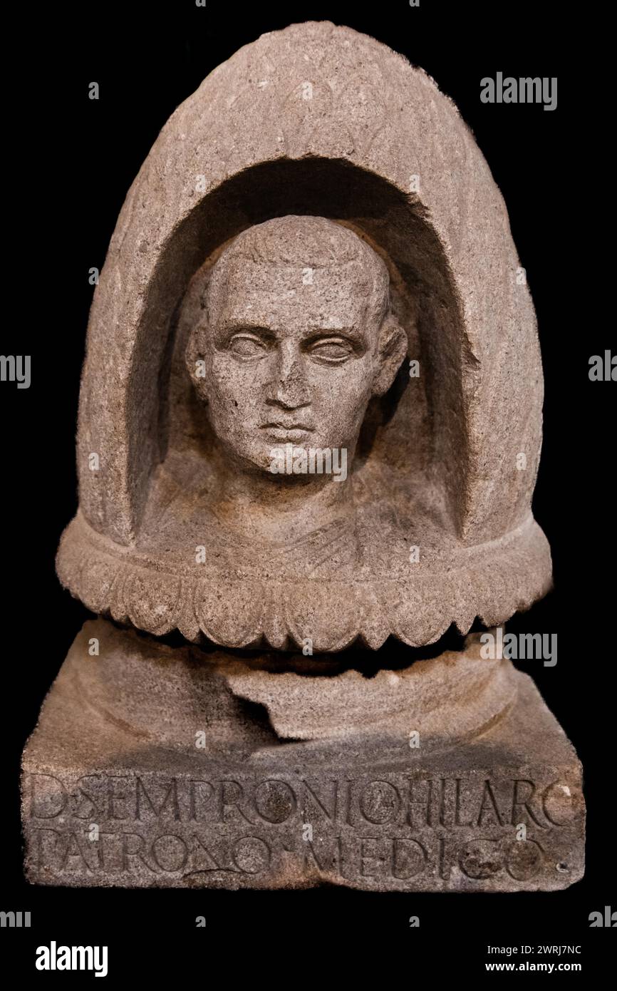 Urn lid with the portrait of Decimus Sempronius Hilarus from the 1st century, Museo Archeologico Concordiese with finds from the Roman period Stock Photo