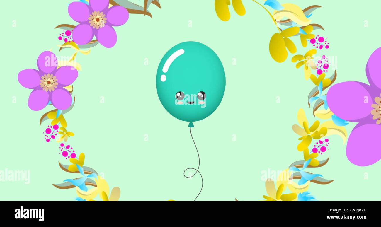 Image of balloon and flowers over blue background Stock Photo - Alamy
