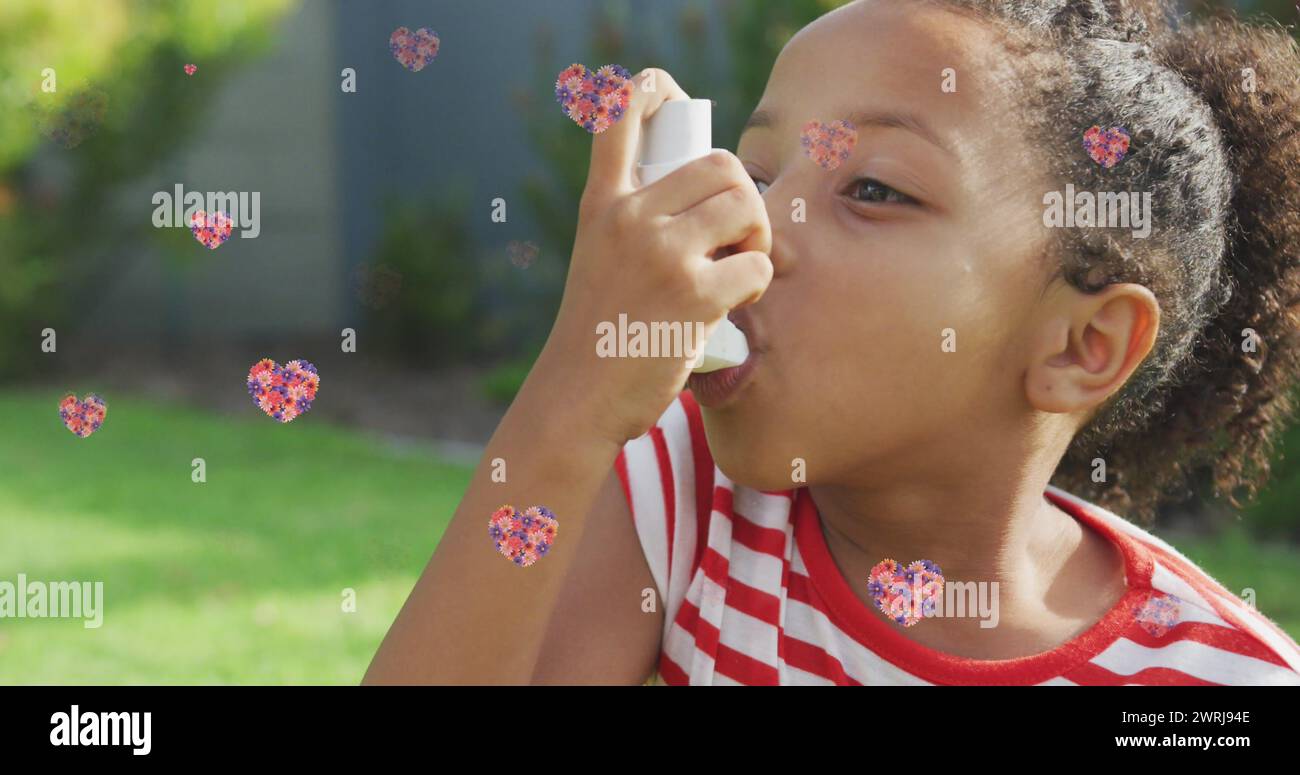 Image of flower hearts over african american girl using inhaler in ...