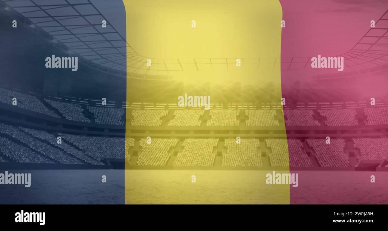Image of waving flag of romania over sport stadium Stock Photo