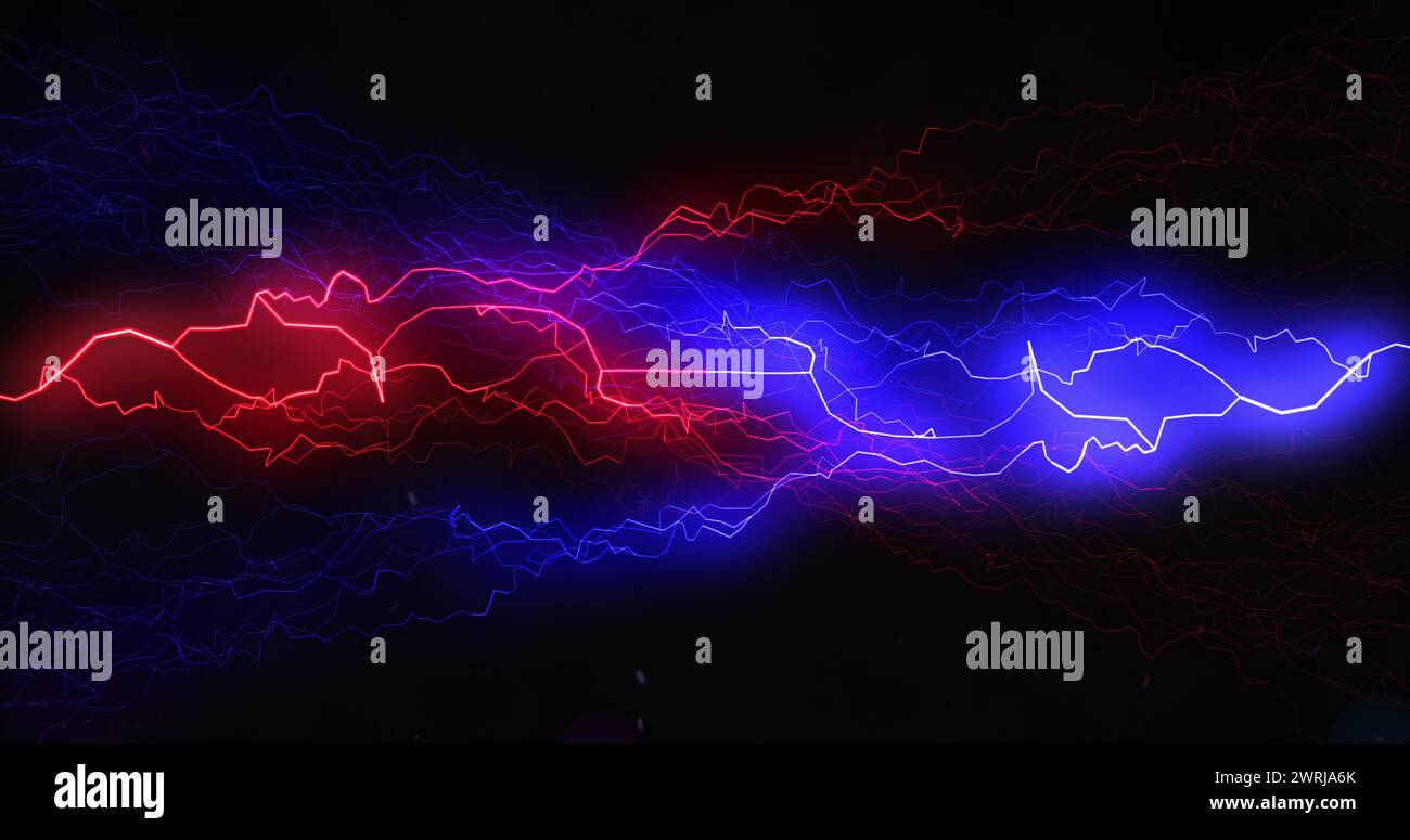 Vibrant blue and red lightning bolts electrify the darkness Stock Photo