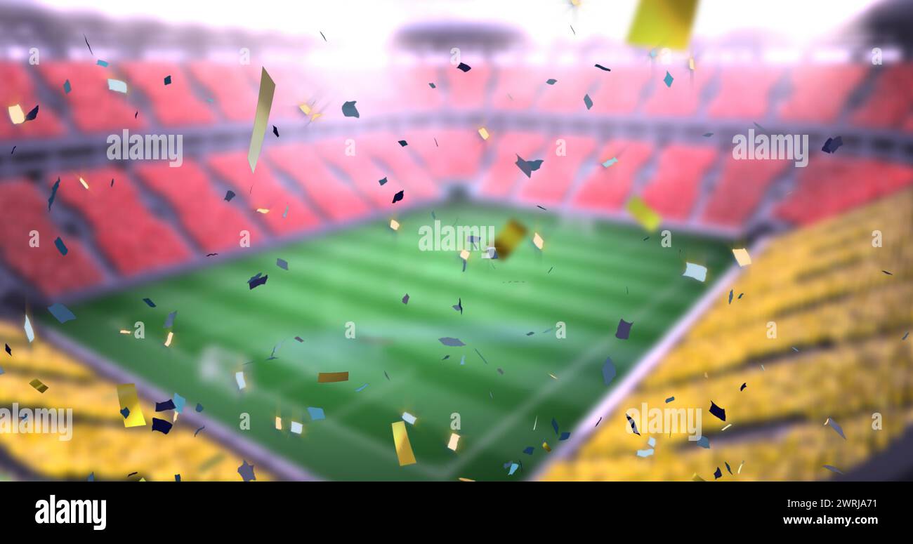 Image of falling golden confetti over football stadium Stock Photo