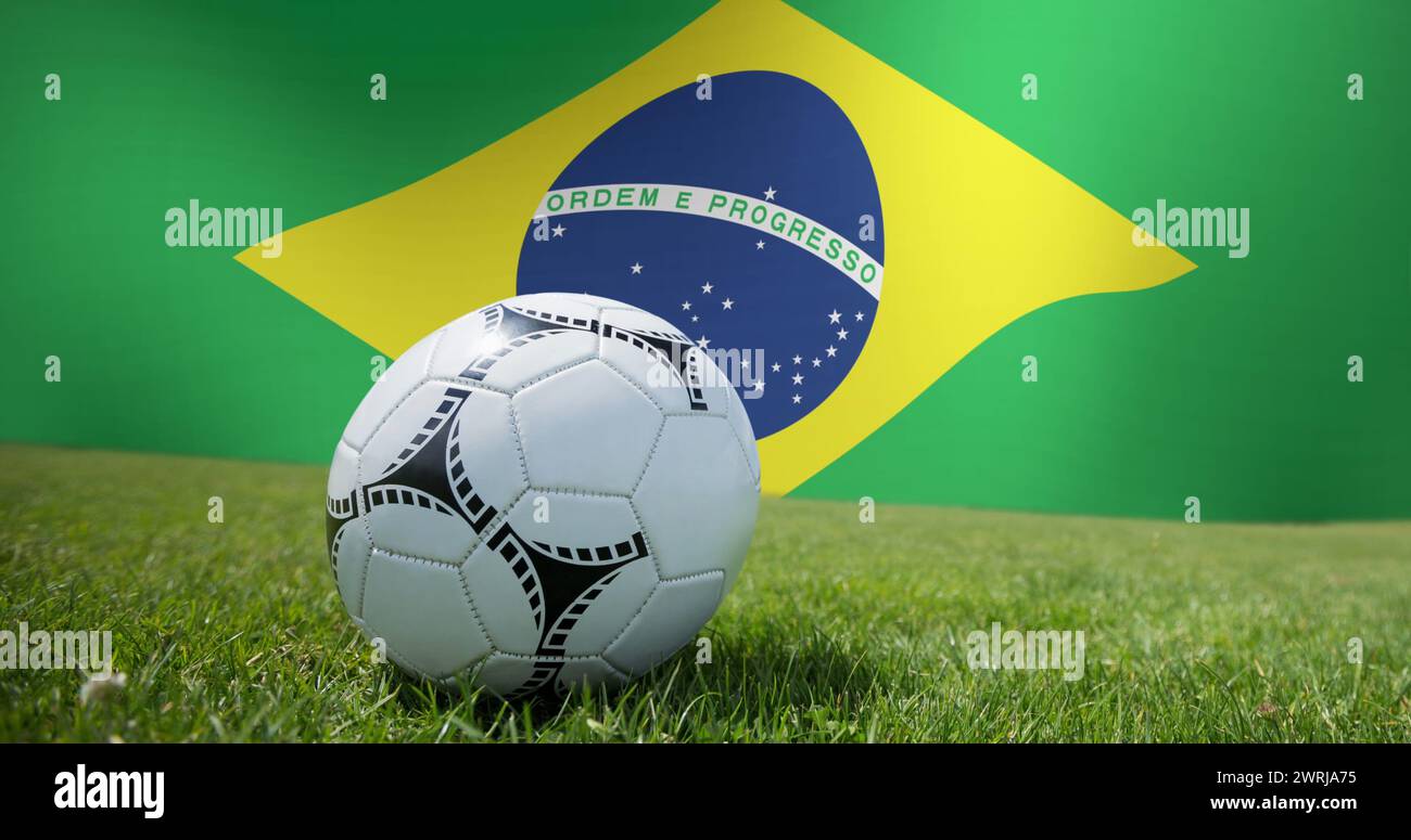 Image of waving flag of brazil over football ball Stock Photo