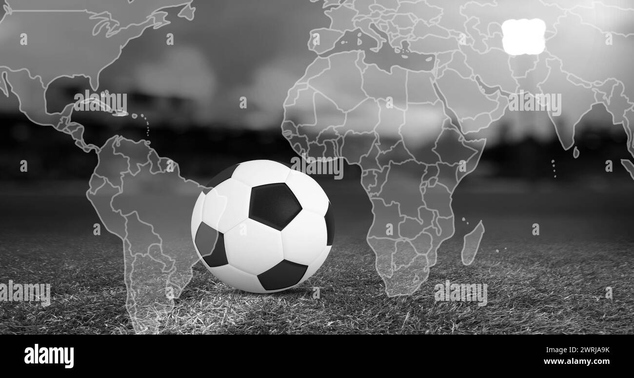 Image of moving world map over football ball Stock Photo