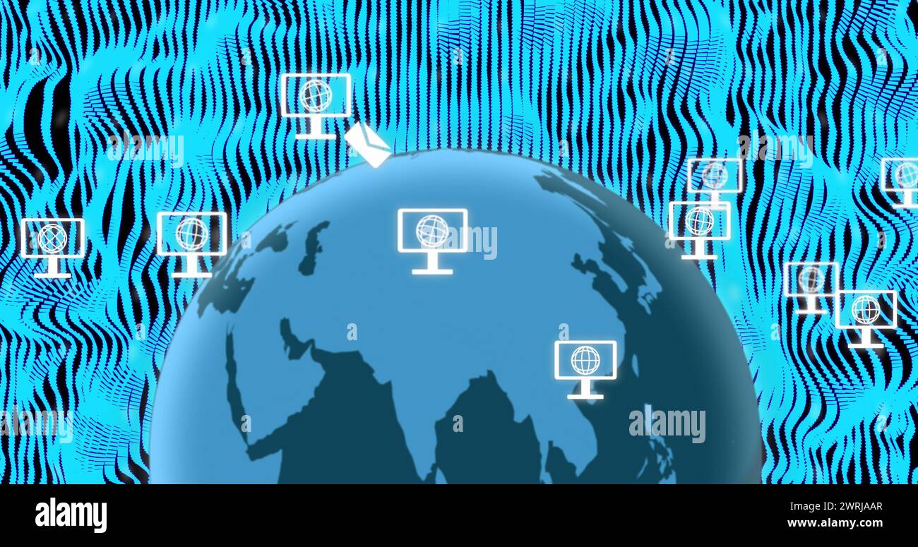 Image of computer with globe icons over globe and blue light trails ...