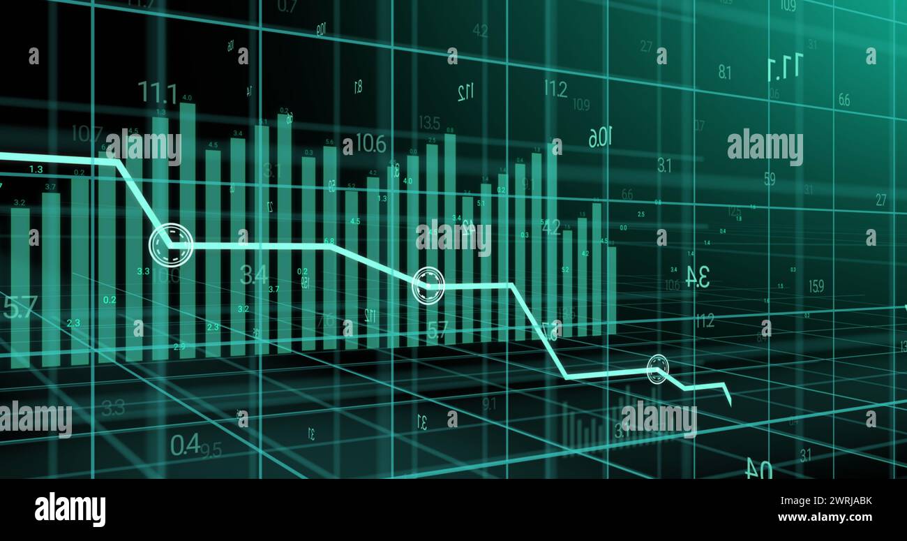 Image of green graph and data processing over 3d grid Stock Photo