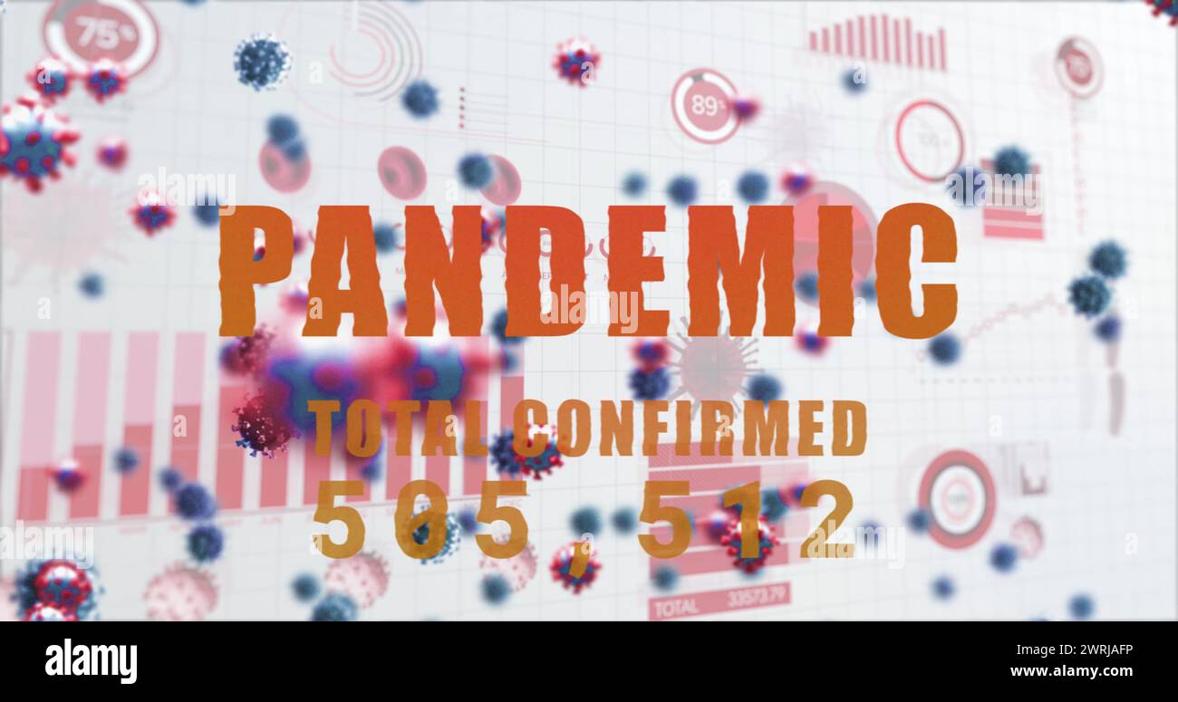 Image of the text Pandemic and rising number with Covid 19 cells, graphs and statistics Stock Photo