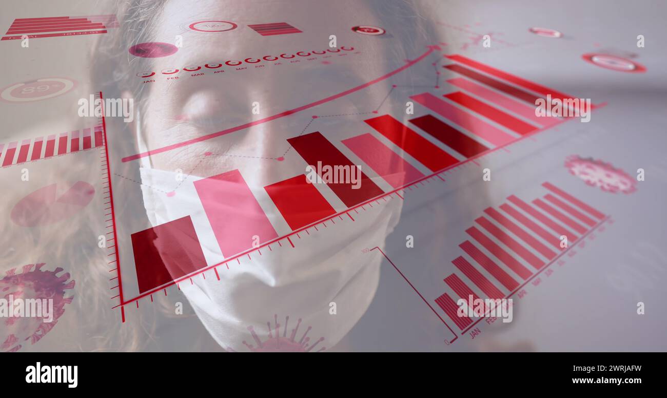 Image of digital interface with graphs and statistics over portrait of ...