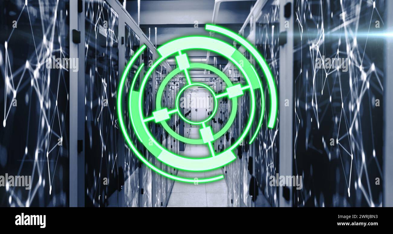 Image of green circle over servers and connections Stock Photo