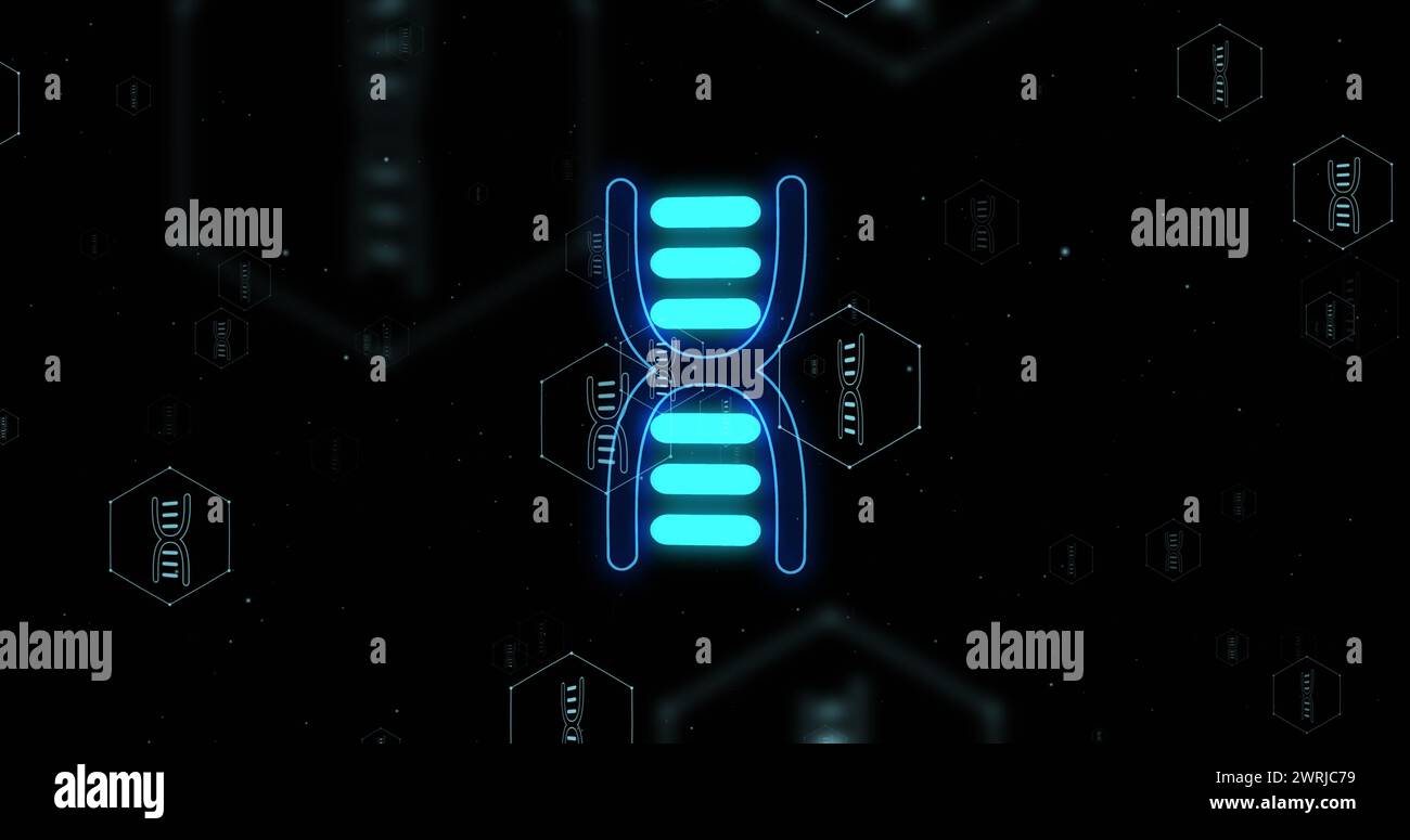 Image of icons, dna strand over data processing Stock Photo - Alamy