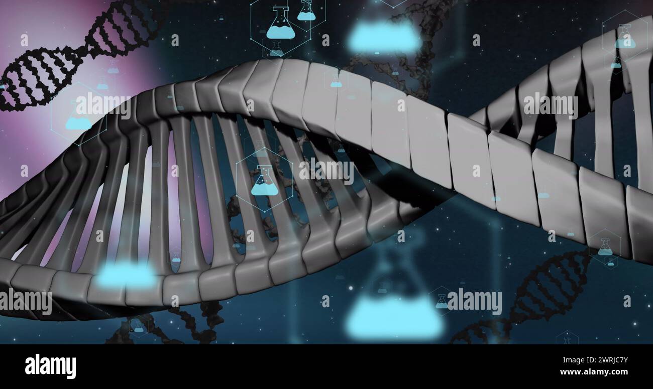 Image of icons, dna strand over data processing Stock Photo - Alamy