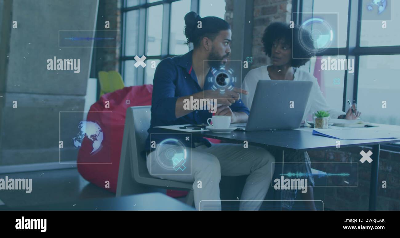 Image of digital interface with icons over biracial couple using ...
