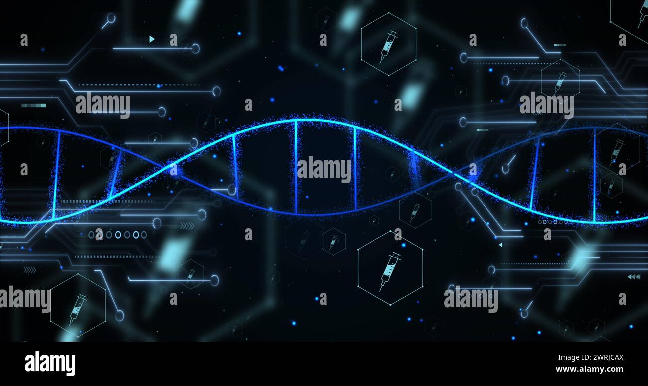 Image of icons, dna strand over data processing Stock Photo - Alamy